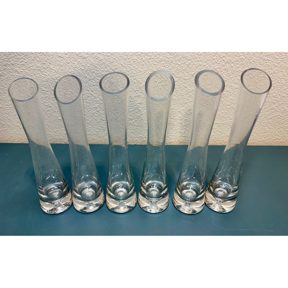 Set of 6 Clear Glass Bud Vases 7.25" Angled Rim Heavy Weighted Base Set of 6 NEW